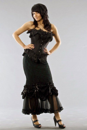  Vanity victorian maxi skirt in green cotton & black lace overlay - 
