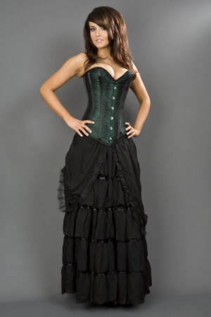  Victorian overbust corset in green satin & black spider lace overlay - 