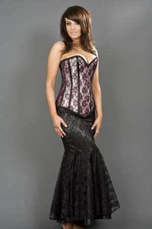  Victorian overbust corset in pink satin & black lace overlay - 