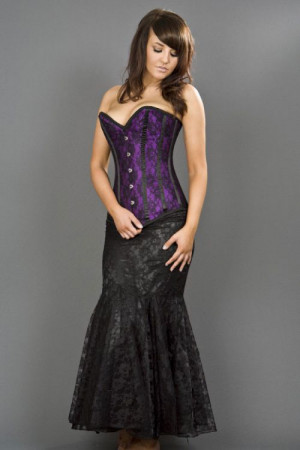  Victorian overbust corset in purple satin & black lace overlay - 