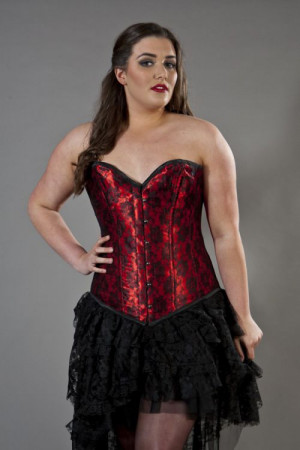  Victorian overbust plus size corset red satin & black lace overlay - 