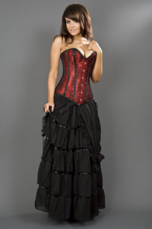  Victorian overbust corset in red satin & black spider lace overlay - 