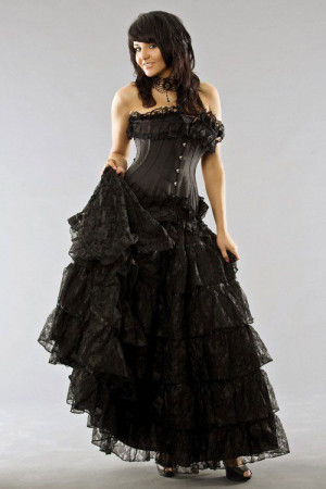  Victorian long gothic skirt in black cotton & black lace overlay - 