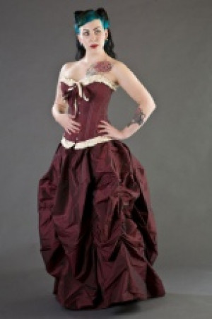  Bijou overbust steel boned corset in burgundy & cream taffeta Burleska bijou-overbust-corset-burgundy-cream -  