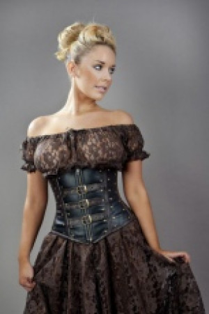  Biker underbust corset with studs in black & brown matte vinyl Burleska biker-underbust-corset-black-brown-matte -  