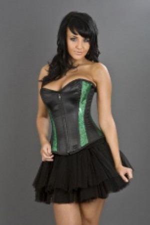  Boudoir overbust burlesque corset in black satin & green sequins Burleska boudoir-overbust-corset-green-sequins -  
