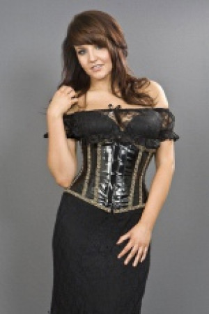  Candy underbust steel boned waist cincher in black PVC with leopard print piping Burleska candy-underbust-corset-black-pvc-leopard -  