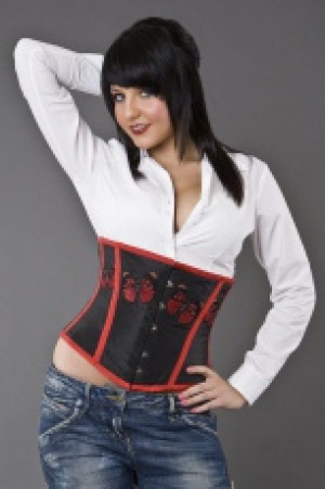  Candy underbust steel boned corset in black taffeta & red butterfly design Burleska candy-underbust-corset-black-red-butterfly -  