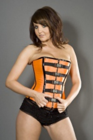  Cyber overbust clubwear corset in neon orange satin Burleska cyber-overbust-corset-neon-orange /   / -  