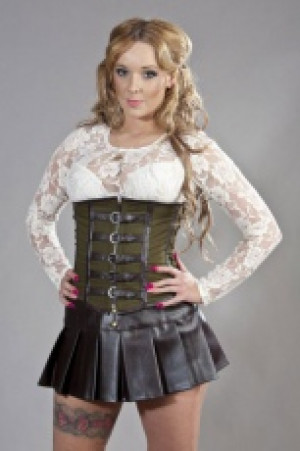  Dominatrix underbust steampunk corset in olive green twill & brown matte Burleska dominatrix-underbust-corset-olive-brown /  / -  