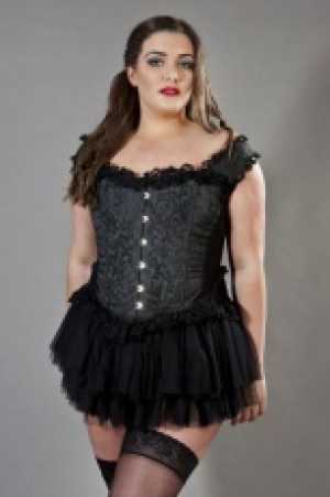  Duchess overbust plus size corset with straps in black scroll brocade Burleska duchess-overbust-corset-black-scroll-plus -  