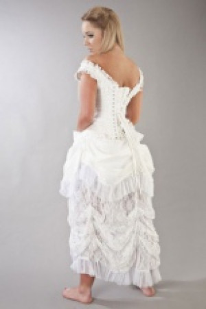 Duchess overbust corset with straps in white scroll brocade -  1