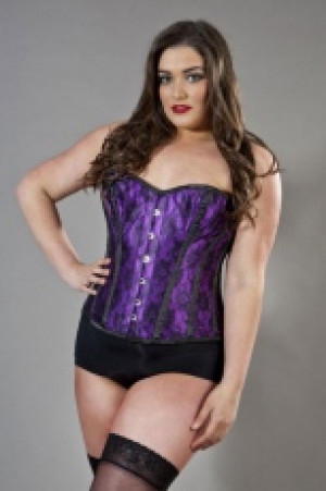  Elegant overbust plus size corset in purple satin & black lace overlay Burleska elegant-overbust-corset-purple-lace-overlay-plus -  