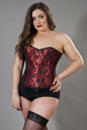  Elegant overbust plus size corset in red satin & black lace overlay Burleska elegant-overbust-corset-red-lace-overlay-plus -  
