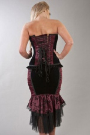  Emily knee length victorian gothic skirt in burgundy satin flock & velvet panels -  1