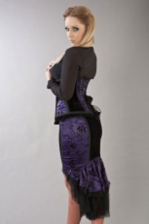  Emily knee length victorian gothic skirt in purple satin flock & velvet panels -  1