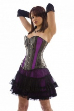  Fetish overbust corset in black PVC and purple satin panels Burleska fetish-overbust-corset-purple-satin /  / -  