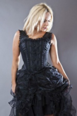  Jasmin overbust corset with straps in black taffeta with motif Burleska jasmin-overbust-corset-black-motif -  