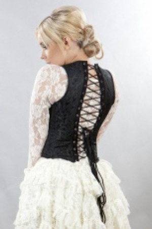  Juliette burlesque underbust halter corset in black scroll brocade -  1