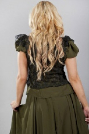  Katie victorian frilled shirt in olive green chiffon and black lace -  1