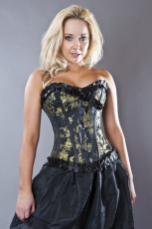  Lily overbust fashion corset in black satin & gold bamboo petals Burleska lily-overbust-corset-black-gold-bamboo-petals -  