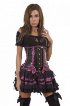  Lolita underbust waist cincher in black PVC & pink tartan Burleska lolita-underbust-corset-black-pvc-pink-tartan /  /  /  / -  