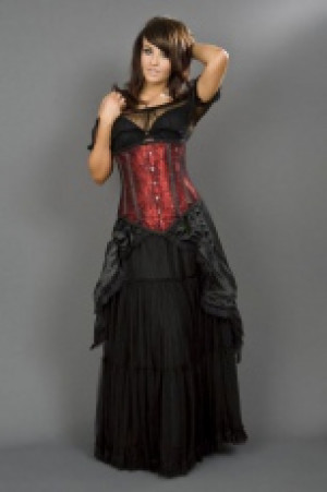  Long line underbust steel boned corset in red satin & spider lace overlay Burleska longline-underbust-corset-red-black-spider -  