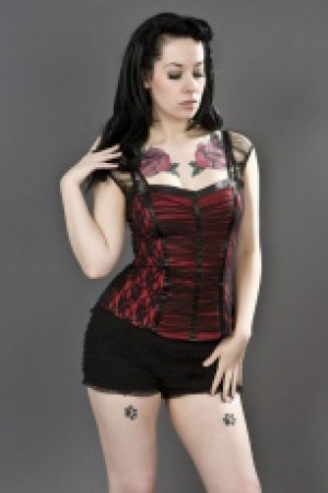  Maria red cotton gothic top with black lace overlay Burleska maria-top-red -  