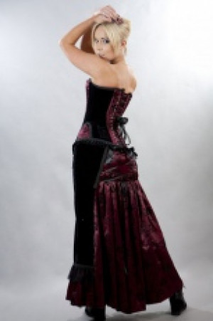  Morgana long victorian gothic skirt in burgundy satin flock -  1