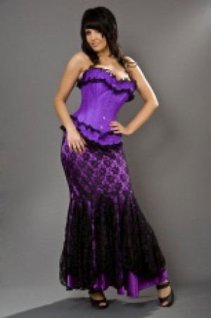  Panel long mermaid skirt in purple satin and lace overlay -  1