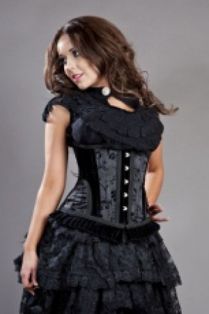  Petra long line steel boned underbust corset in black satin flock Burleska petra-underbust-corset-black-flock -  