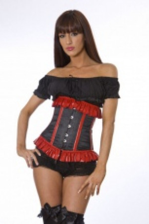  Pinup underbust waist cincher in black satin and red PVC piping Burleska pinup-underbust-corset-black-satin-red-pvc /  /   /  / -  