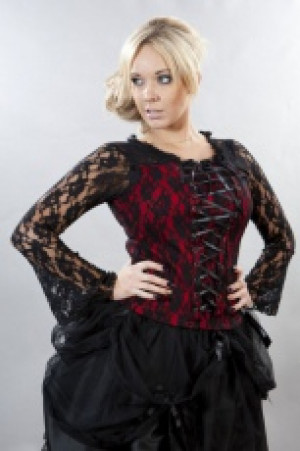  Sarah long sleeve gothic top in red lycra with black lace overlay Burleska sarah-top-red-black -  