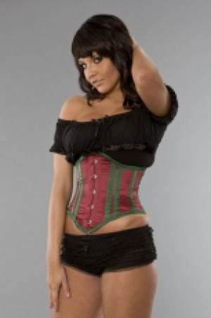  Sexy waspie waist cincher in burgundy satin with green piping Burleska sexy-waspie-burgundy-green-satin -  
