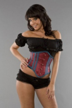  Sexy waspie waist cincher in burgundy satin with turquoise piping Burleska sexy-waspie-burgundy-turquoise-satin -  