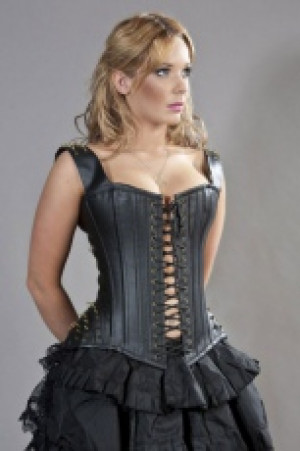  Takara overbust corset with straps in black matte vinyl and brass spikes Burleska takara-overbust-corset-black-matte-brass -  