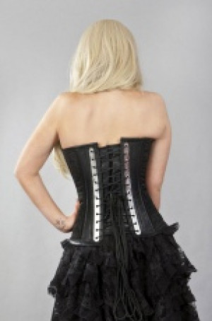  Vintage overbust steampunk corset in black matte vinyl & black scroll brocade -  1