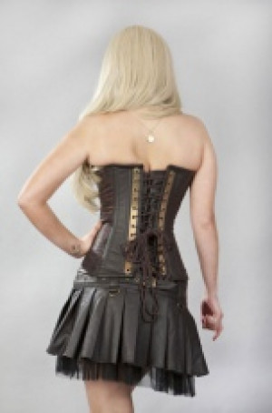  Vintage overbust steampunk corset in coffee brown matte vinyl & brown king brocade -  1