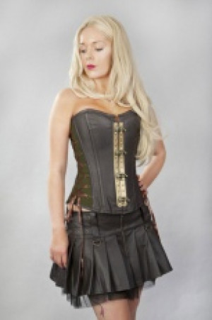  Vintage overbust steampunk corset in coffee brown matte vinyl & olive twill Burleska vintage-overbust-coffee-matte-olive-twill -  