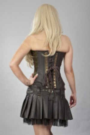  Vintage overbust steampunk corset in coffee brown matte vinyl & olive twill -  1