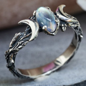 , Moonstone Bohemian retro crescent ring - ,