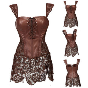  Brown Faux Leather and Venice Lace Skirted Plus Size Corset Gothic Clothing - 