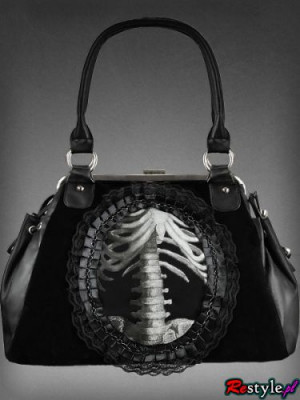 Сумка gothic handbag human skeleton in lace frame black velvet - Изображение