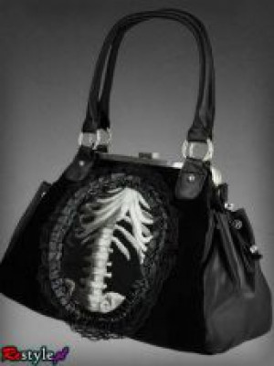 Сумка gothic handbag human skeleton in lace frame black velvet - Изображение 2