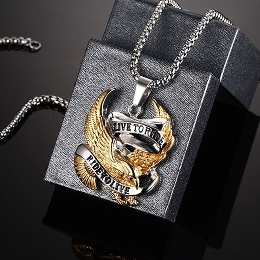  Fashion Eagle Necklace Pendants LIVE TO RIDE Biker Sport Men Gold Plated Stainless Steel Hero Jewelr International PN-158  3
