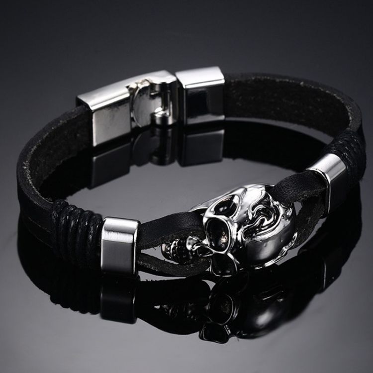  Punk Rock Mens Black Durable Leather Bracelets Gothic Skull Cuff Bangle Stainless Steel Skeleton Pul International BL-224B  3