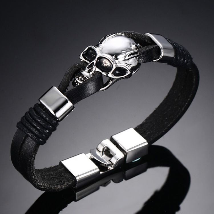  Punk Rock Mens Black Durable Leather Bracelets Gothic Skull Cuff Bangle Stainless Steel Skeleton Pul International BL-224B  2