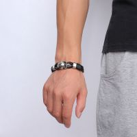 Браслет Punk Rock Mens Black Durable Leather Bracelets Gothic Skull Cuff Bangle Stainless Steel Skeleton Pul International BL-224B - маленькая картинка
