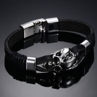 Браслет Punk Rock Mens Black Durable Leather Bracelets Gothic Skull Cuff Bangle Stainless Steel Skeleton Pul International BL-224B - маленькая картинка
