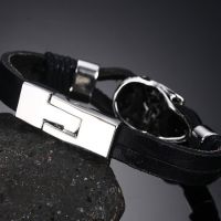 Браслет Punk Rock Mens Black Durable Leather Bracelets Gothic Skull Cuff Bangle Stainless Steel Skeleton Pul International BL-224B - маленькая картинка